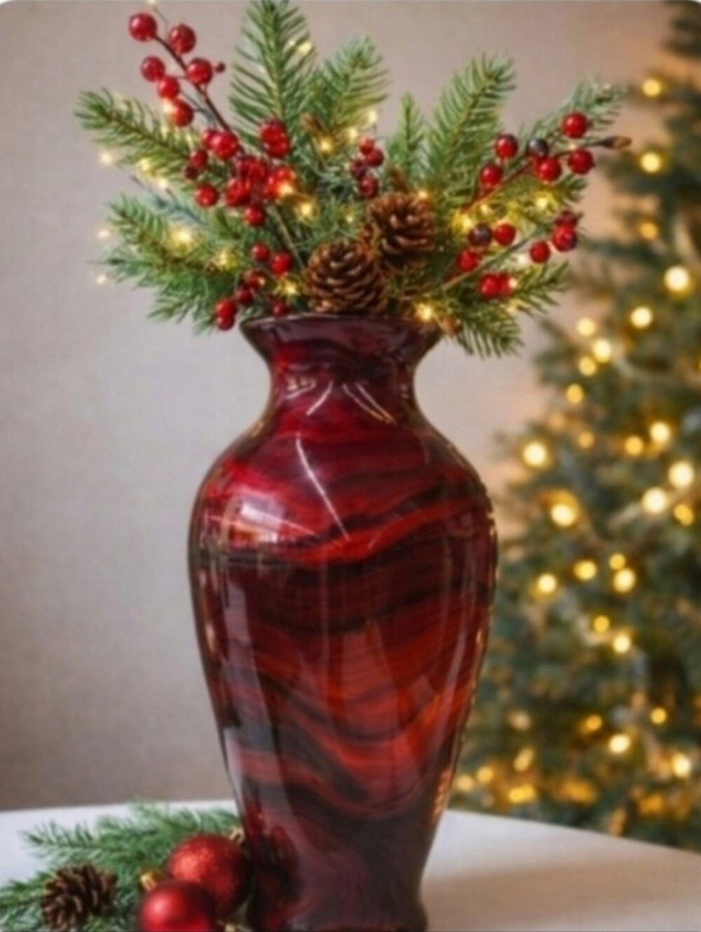 Red And Black Swirl Art Glass Statement Vase Handcrafted Style 14.5"